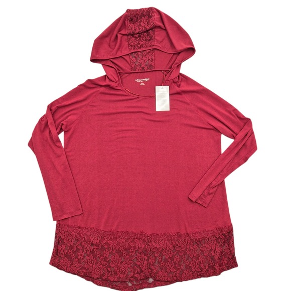 Soft Surroundings Tops - Soft Surroundings‎ Red Lace Trim Hoodie Long Sleeve Knit Top XL NEW